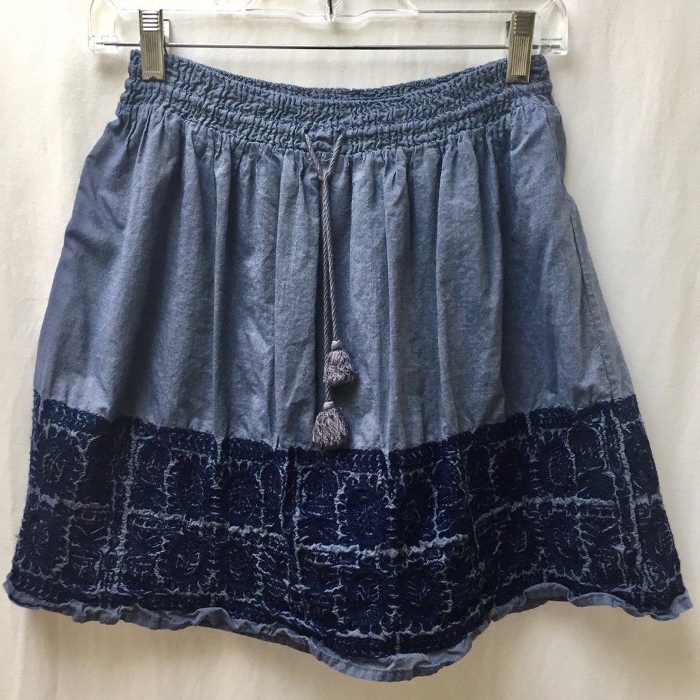 J. Crew Light Blue Cotton Mini Skirt with Navy Embroidered Hem